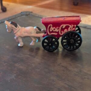 Coca Cola Red and White Cast Iron Carriage with Horse